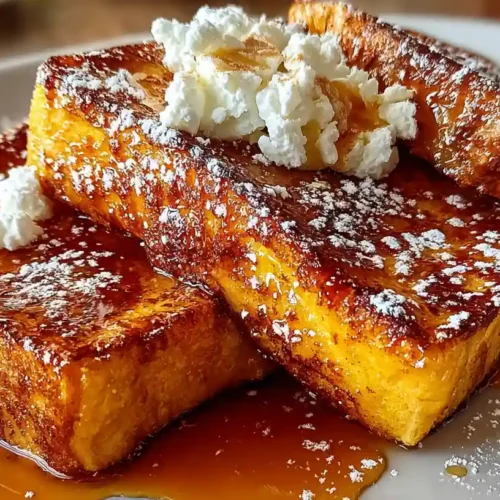 Golden Pumpkin French Toast Breakfast topped with whipped cream, maple syrup, and powdered sugar.