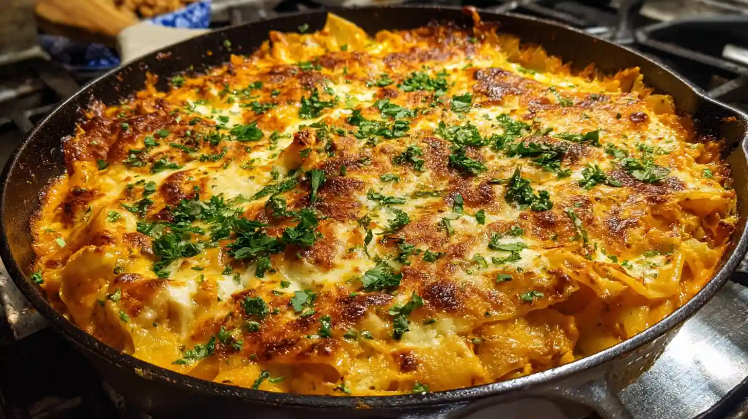 Golden-baked pumpkin lasagna skillet topped with melted cheese and fresh herbs.