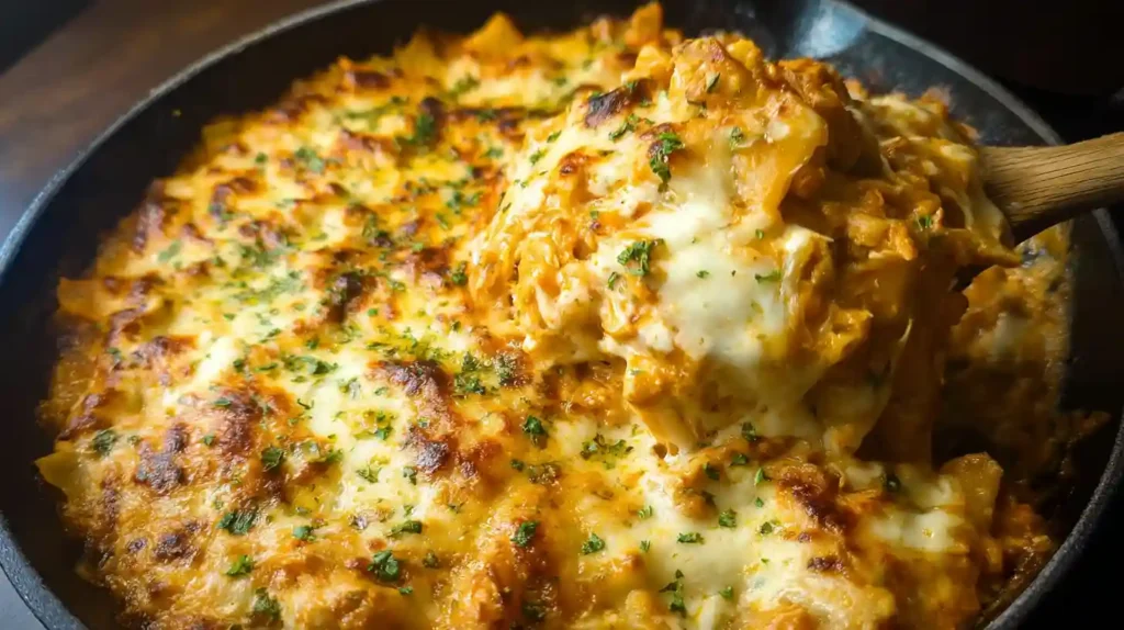 Scoop of cheesy pumpkin lasagna skillet with golden crust and parsley garnish.