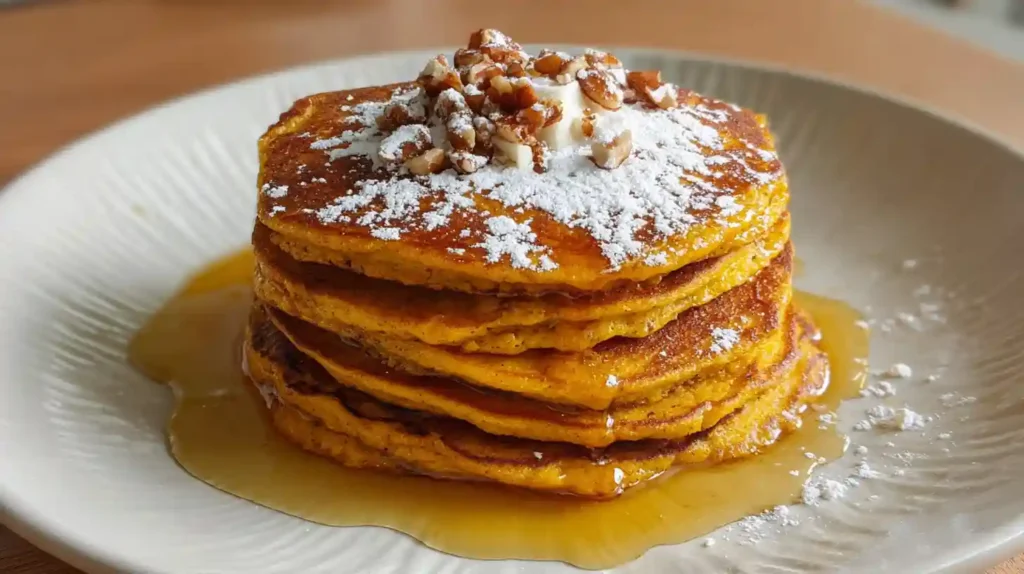 Stack of pumpkin pancakes topped with butter, chopped pecans, powdered sugar, and maple syrup on a plate.