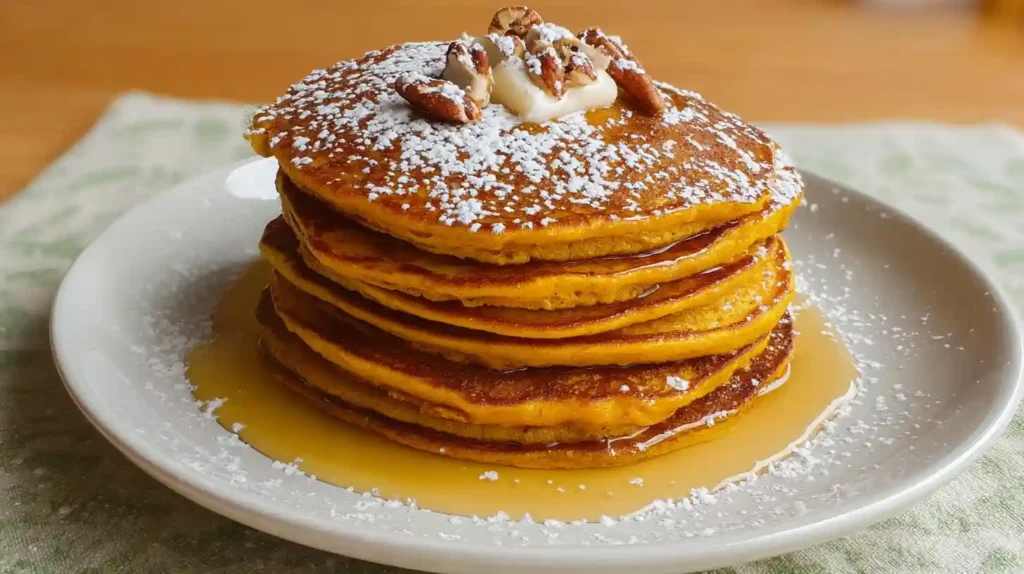 Stack of fluffy pumpkin pancakes topped with butter, pecans, powdered sugar, and maple syrup.
