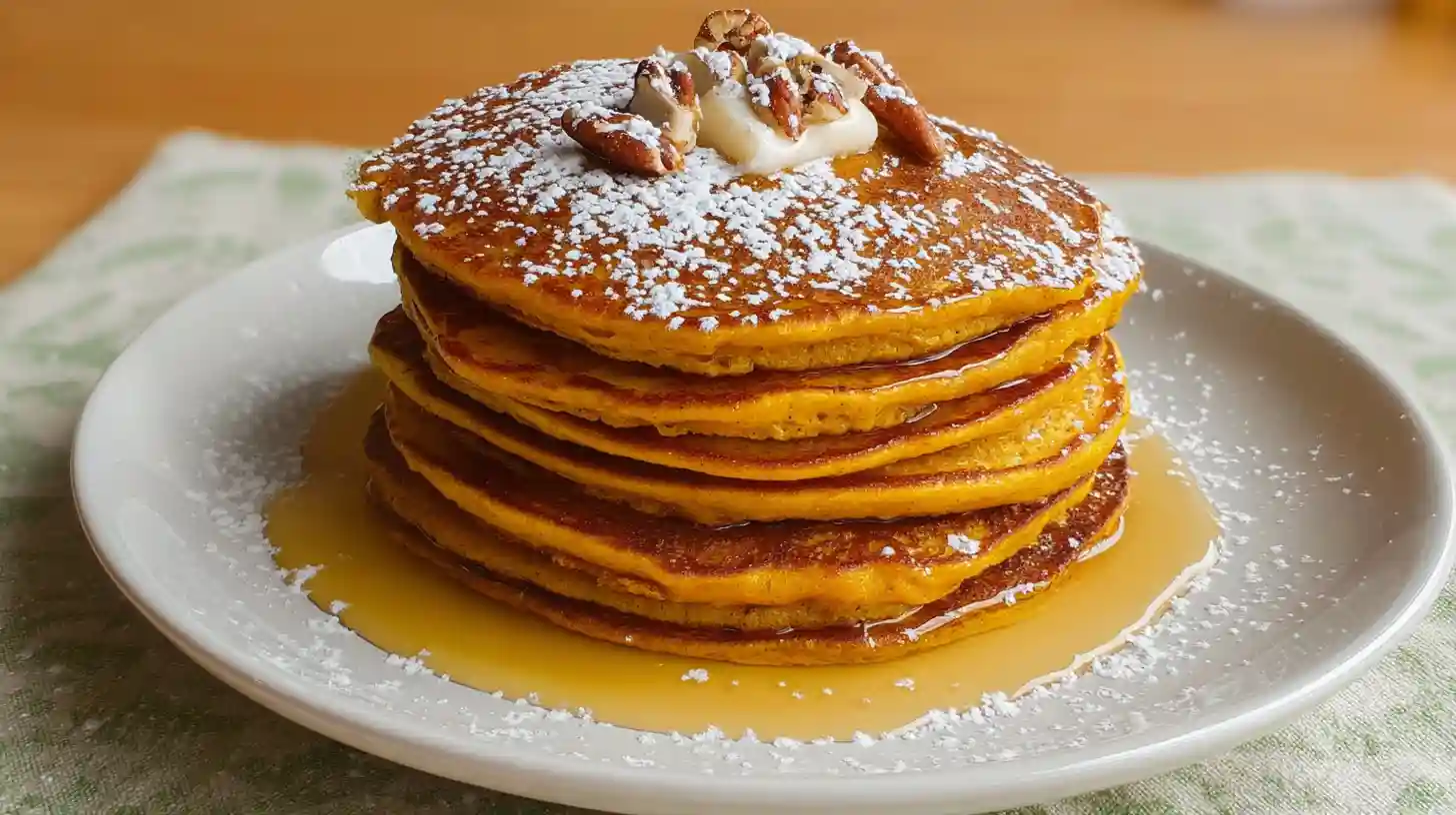 Stack of fluffy pumpkin pancakes topped with butter, pecans, powdered sugar, and maple syrup.