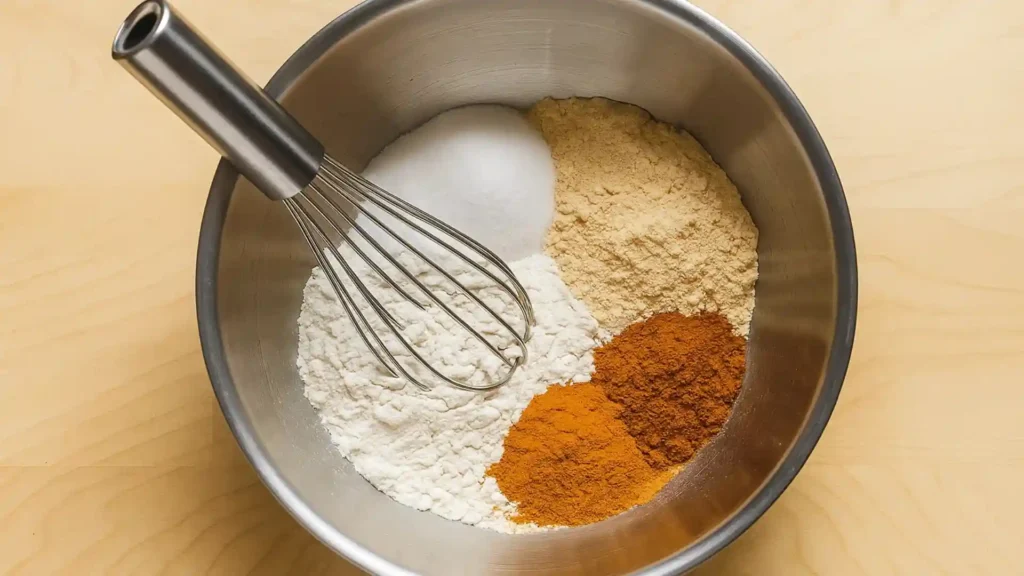 Dry ingredients for pumpkin pancake recipe in a mixing bowl with a whisk, including flour, sugar, ginger, cinnamon, and nutmeg.