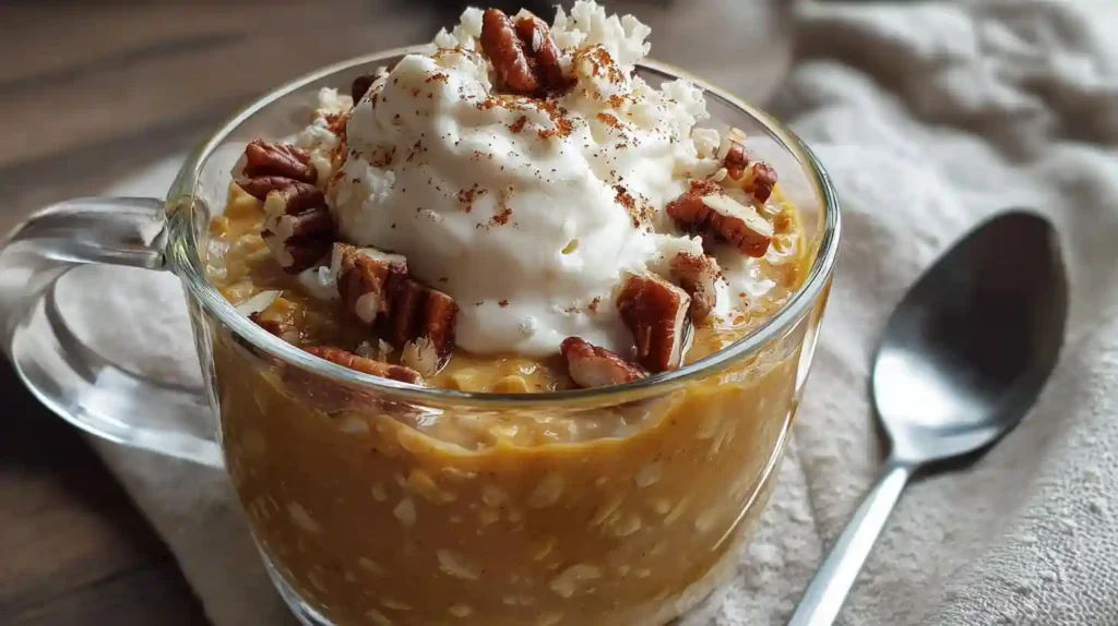 Glass mug of pumpkin pie overnight oats topped with whipped cream, pecans, and cinnamon on a plate with a spoon.