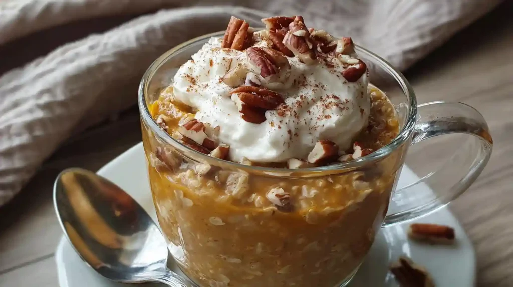 Pumpkin pie overnight oats in a glass mug topped with whipped cream, pecans, and cinnamon, served with a spoon.