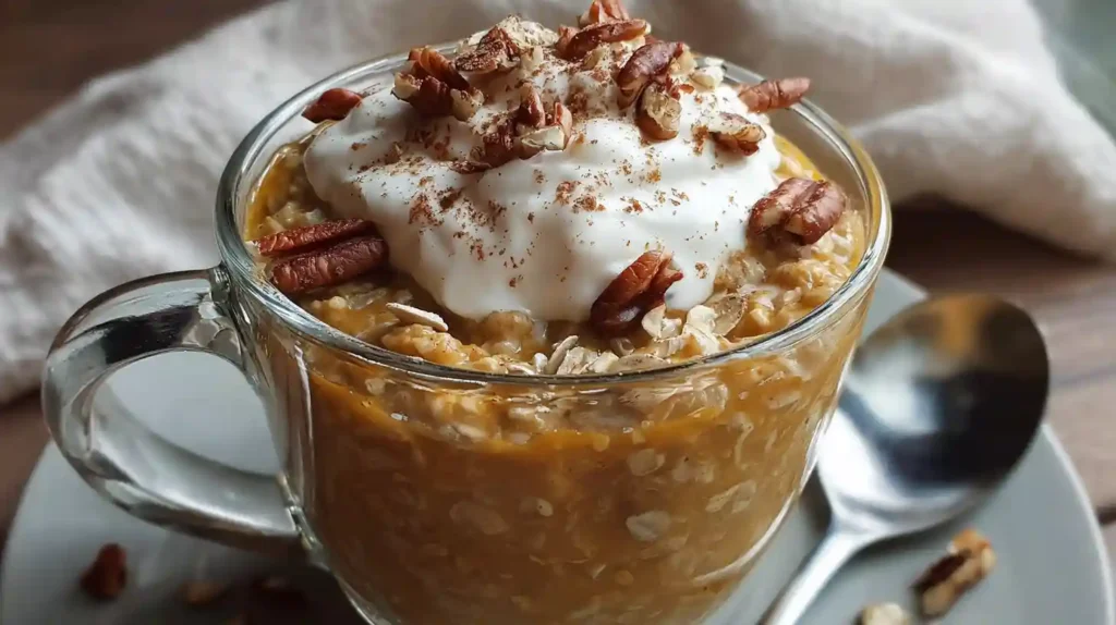 Glass cup filled with pumpkin pie overnight oats topped with whipped cream, pecans, and cinnamon.