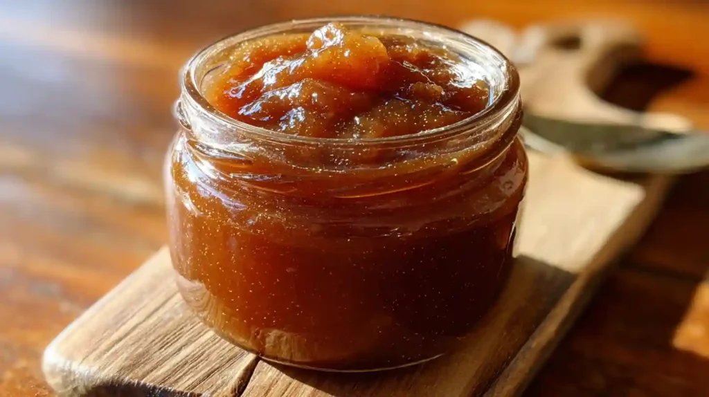 A jar of homemade slow cooker apple butter on a wooden board, rich in color and texture, catching warm sunlight in a rustic kitchen setting.