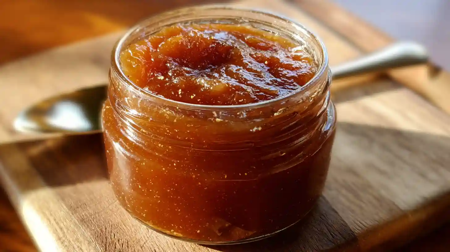 A glass jar filled with thick, homemade slow cooker apple butter, sitting on a wooden board beside a spoon in warm, natural light.