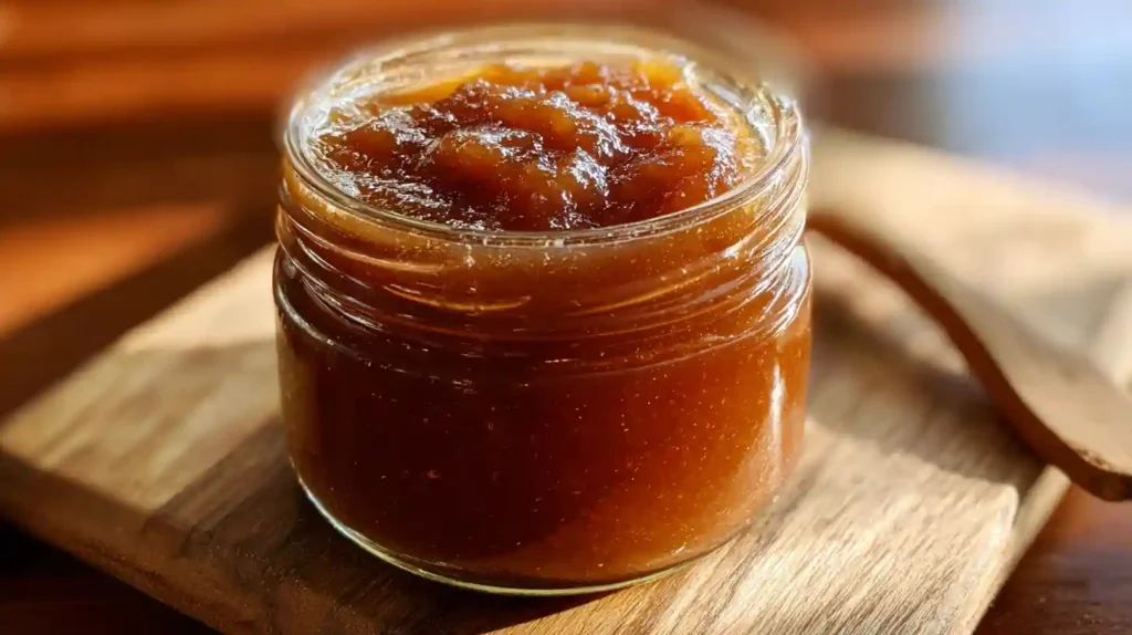 A glass jar filled with thick, homemade slow cooker apple butter, sitting on a wooden board with a wooden spoon in warm sunlight.