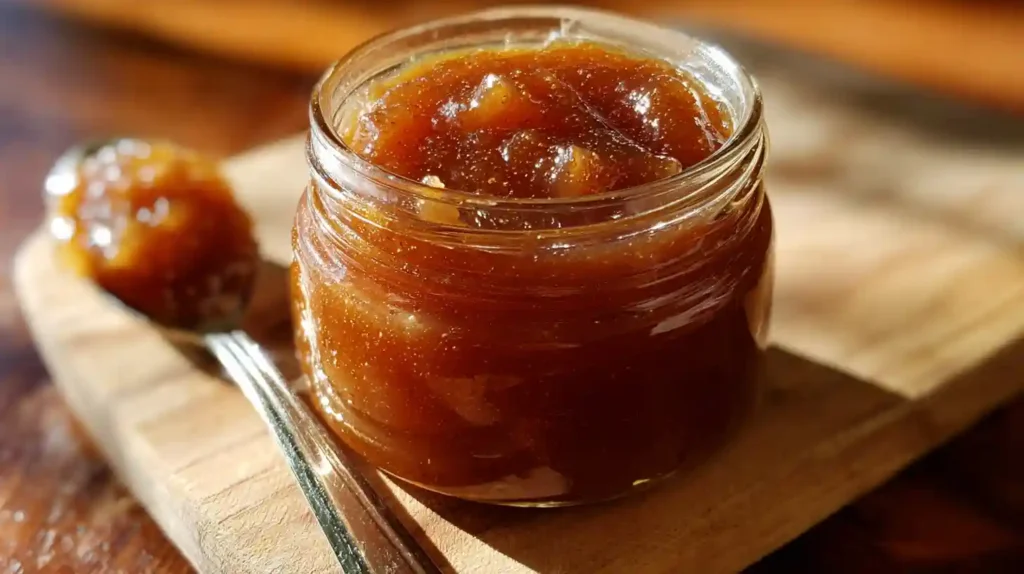 A jar of thick, homemade slow cooker apple butter with a spoonful beside it, placed on a rustic wooden board in warm, natural light.