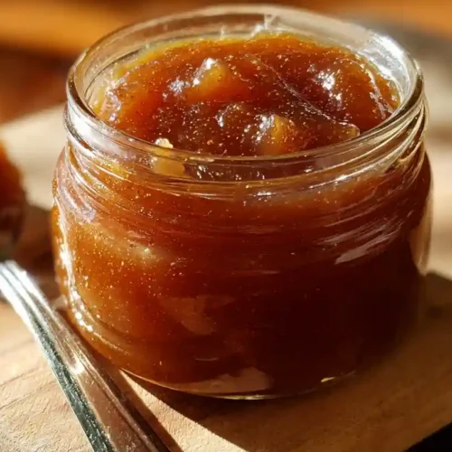 A jar of thick, homemade slow cooker apple butter with a spoonful beside it, placed on a rustic wooden board in warm, natural light.