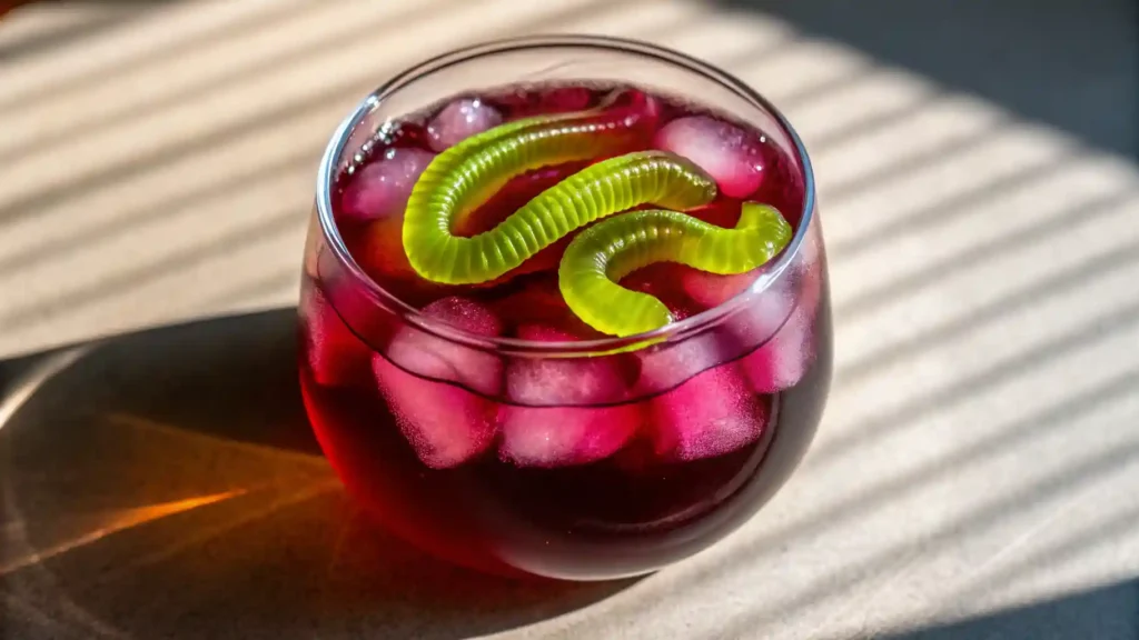 Glass of Witch’s Potion Punch with gummy worms floating on ice for a spooky Halloween drink.