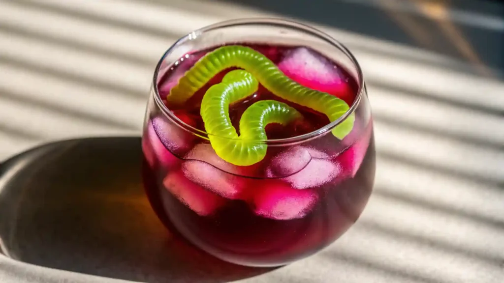A glass of Witch’s Potion Punch with ice cubes and gummy worms floating on top, perfect for Halloween.