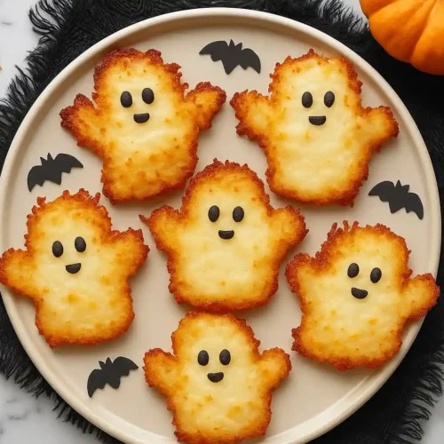 Golden crispy hash browns shaped like smiling ghosts, served on a Halloween-themed plate with bat decorations.