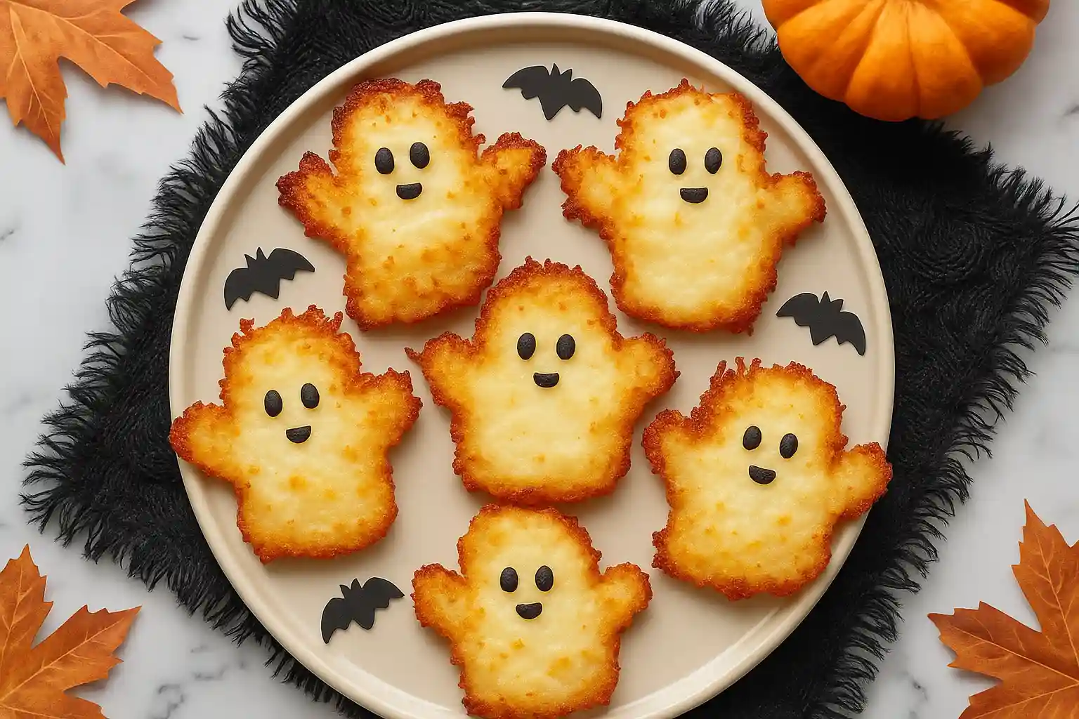 Golden crispy hash browns shaped like smiling ghosts, served on a Halloween-themed plate with bat decorations.