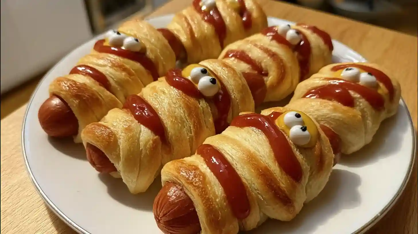 Golden crescent roll Mummy Hot Dogs decorated with ketchup and candy eyes on a white plate for Halloween