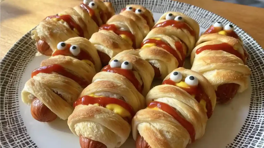 Halloween-themed Mummy Hot Dogs wrapped in crescent roll dough with ketchup, mustard, and candy eyes on a patterned plate