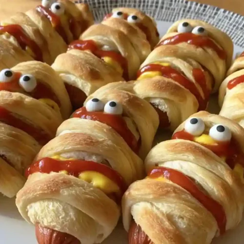 Halloween-themed Mummy Hot Dogs wrapped in crescent roll dough with ketchup, mustard, and candy eyes on a patterned plate