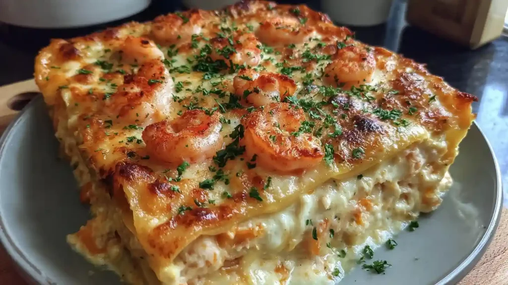 Golden-baked Shrimp Crab Lasagna slice layered with tender seafood, creamy Alfredo sauce, and melted cheese, garnished with parsley on a plate.