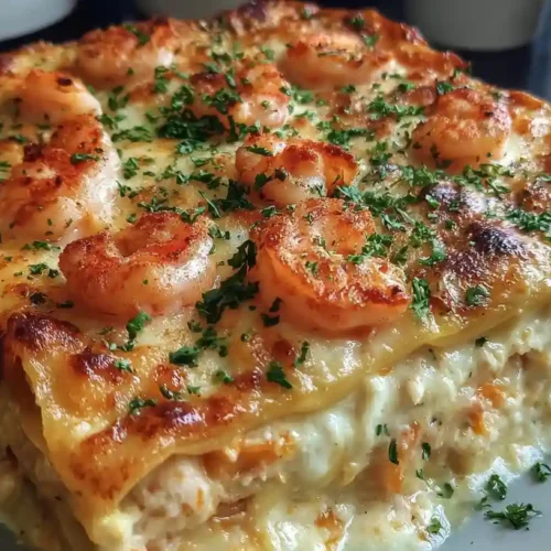Golden-baked Shrimp Crab Lasagna slice layered with tender seafood, creamy Alfredo sauce, and melted cheese, garnished with parsley on a plate.