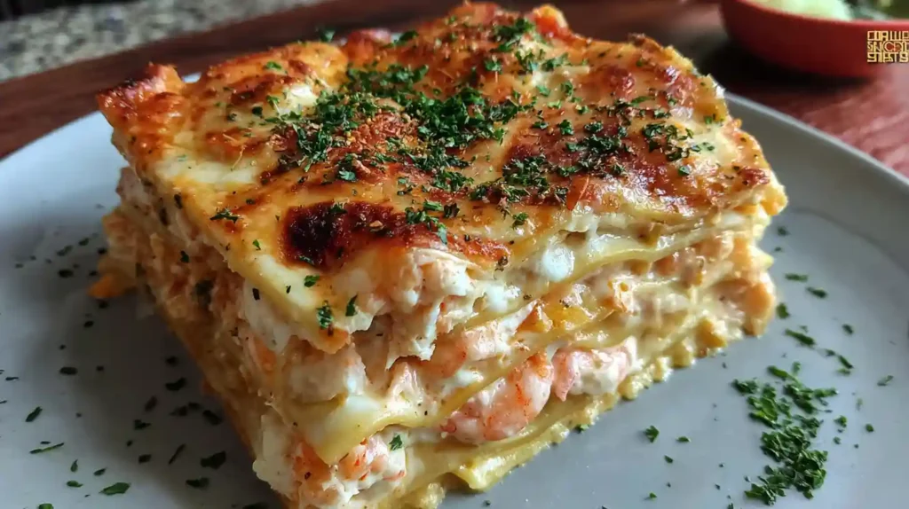 Golden-brown Shrimp Crab Lasagna topped with seared shrimp, parsley, and melted cheese; creamy seafood layers visible along the side on a plate.