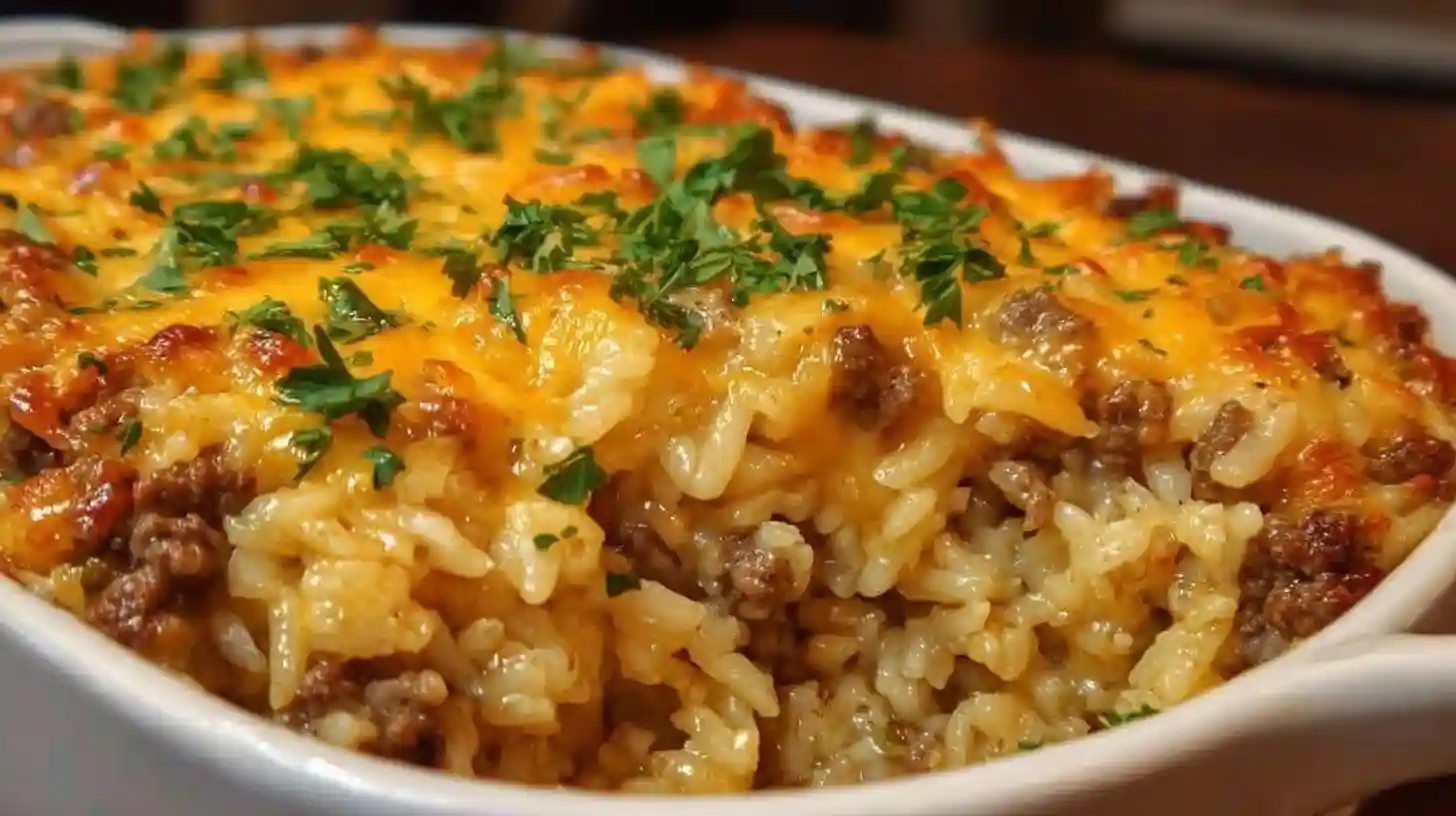 Cheesy ground beef rice casserole