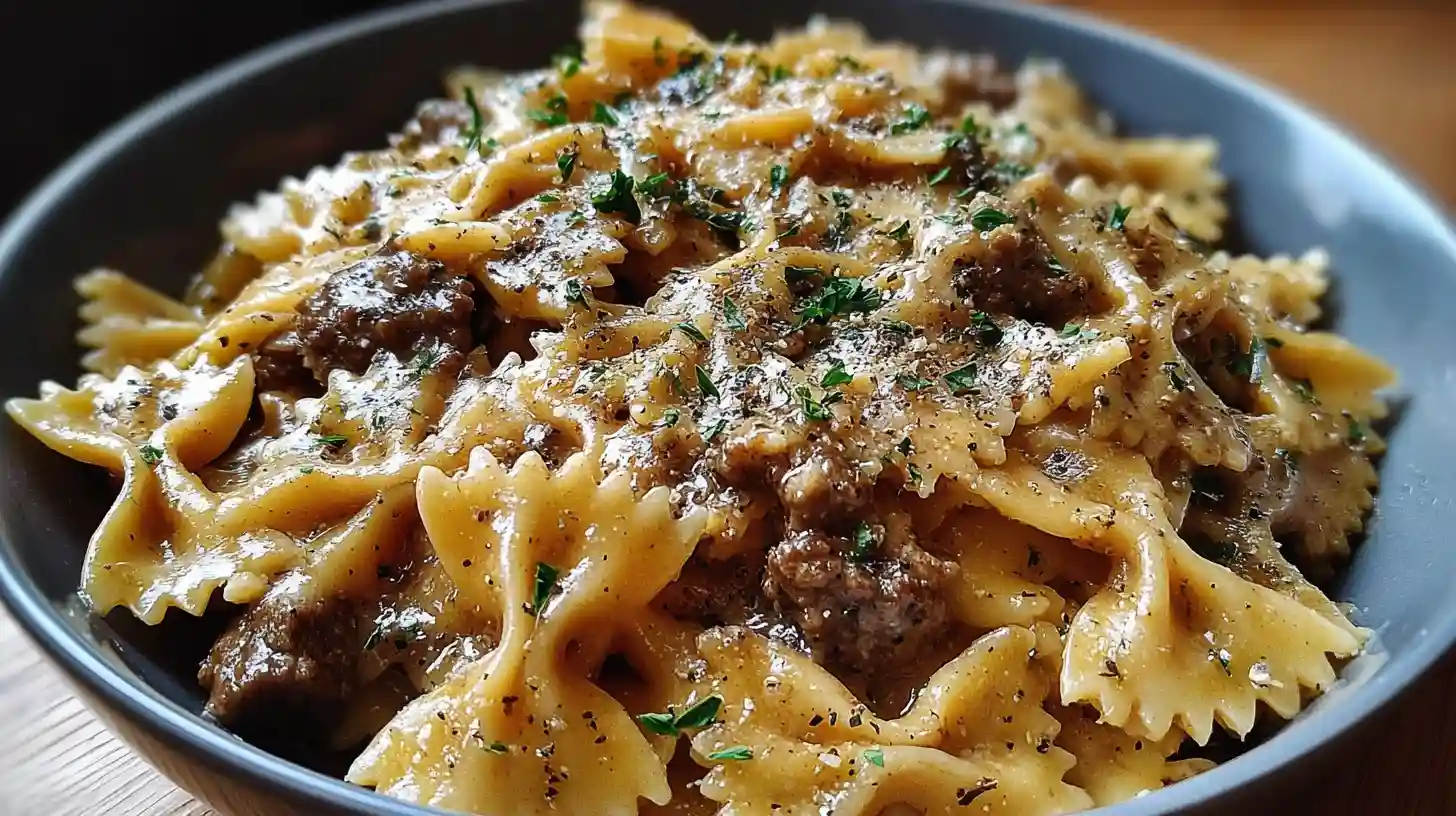 Creamy Parmesan Garlic Beef Bowtie Pasta