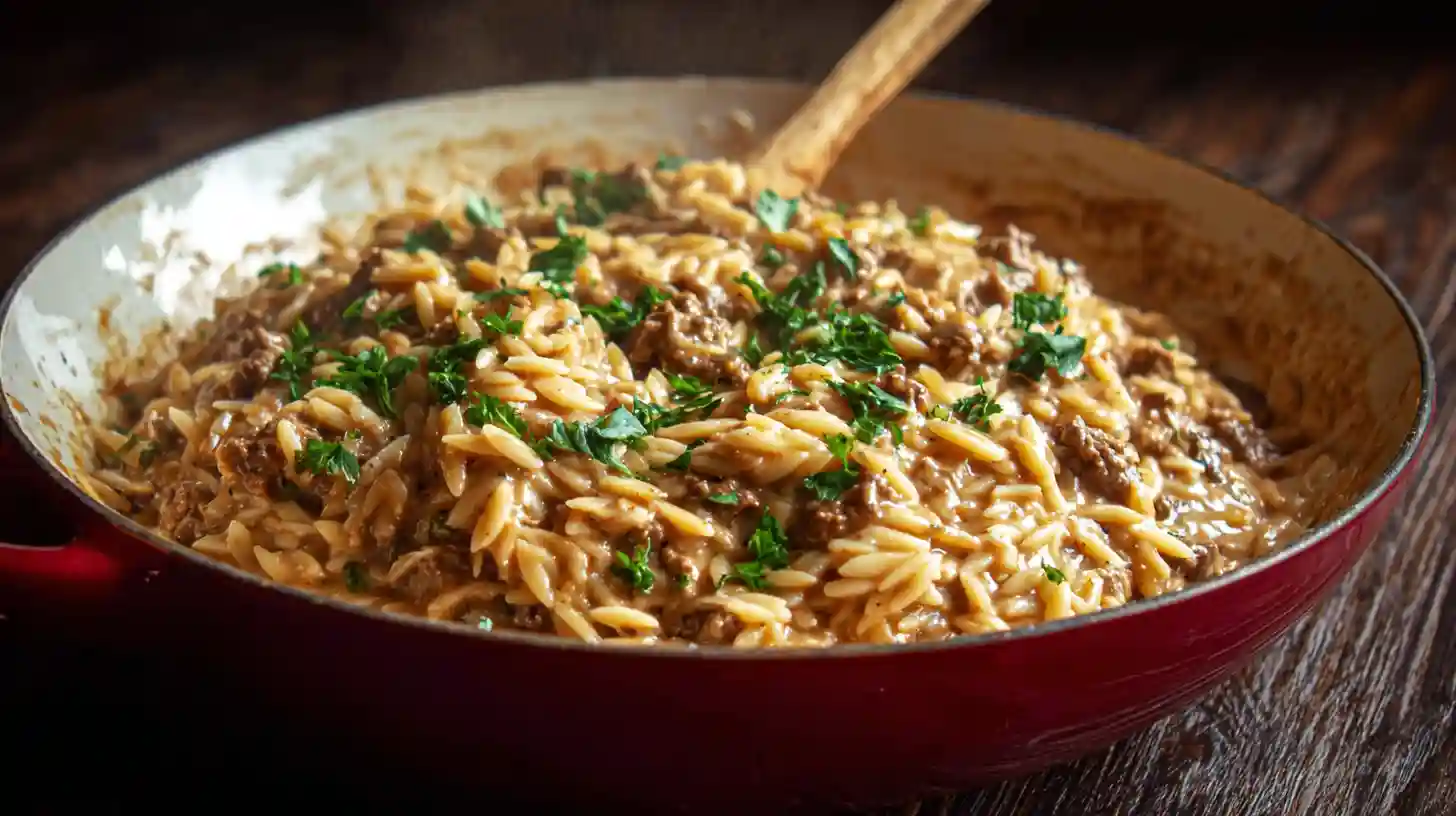 Ground Beef Orzo with Tomato Cream Sauce