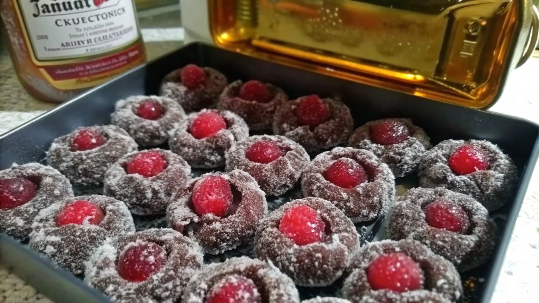 Delicious cherry rum balls coated in chocolate and adorned with cherries