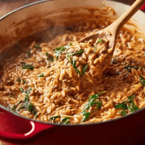Creamy beef and orzo pasta dish with rich sauce and herbs