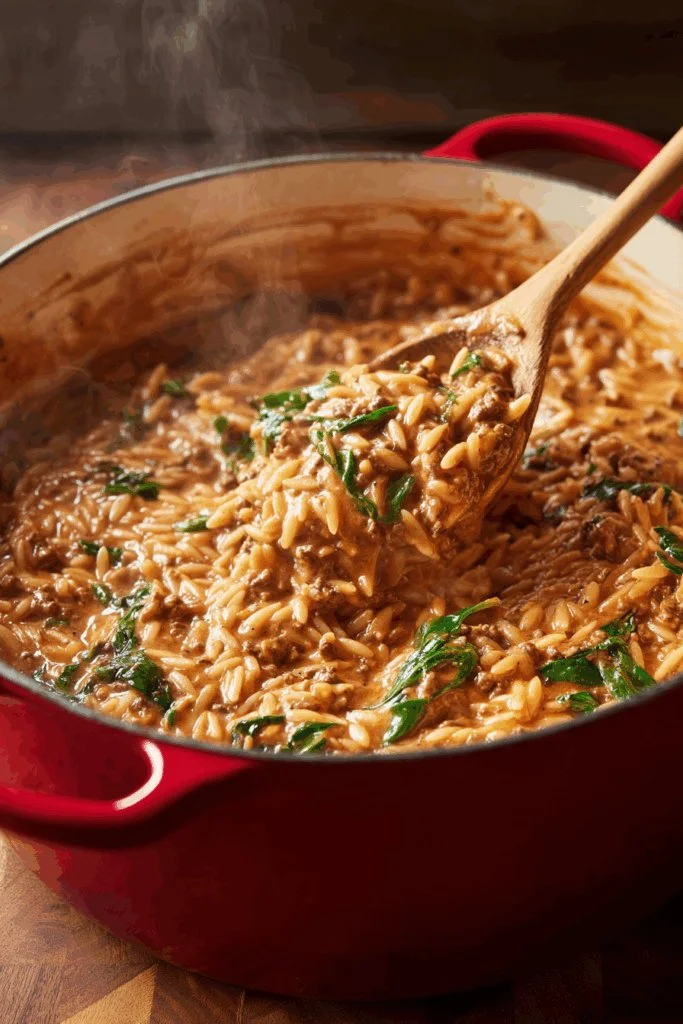 Creamy beef and orzo pasta dish with rich sauce and herbs