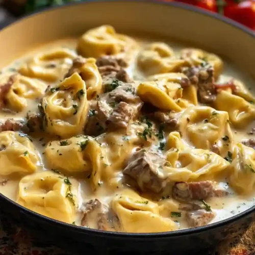 Cheesesteak Tortellini in Creamy Provolone Sauce