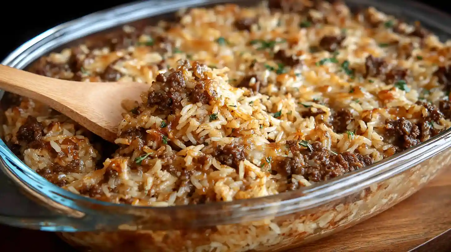 French Onion Ground Beef and Rice Casserole