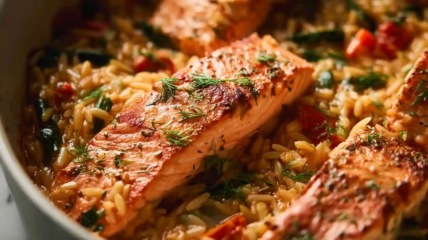 Sun-dried Tomato Baked Salmon Orzo