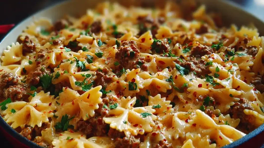 Cajun Cream Cheese Alfredo Bowties with Spiced Ground Beef