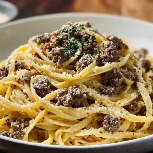 Creamy Parmesan Beef Linguine with Garlic Butter Sauce