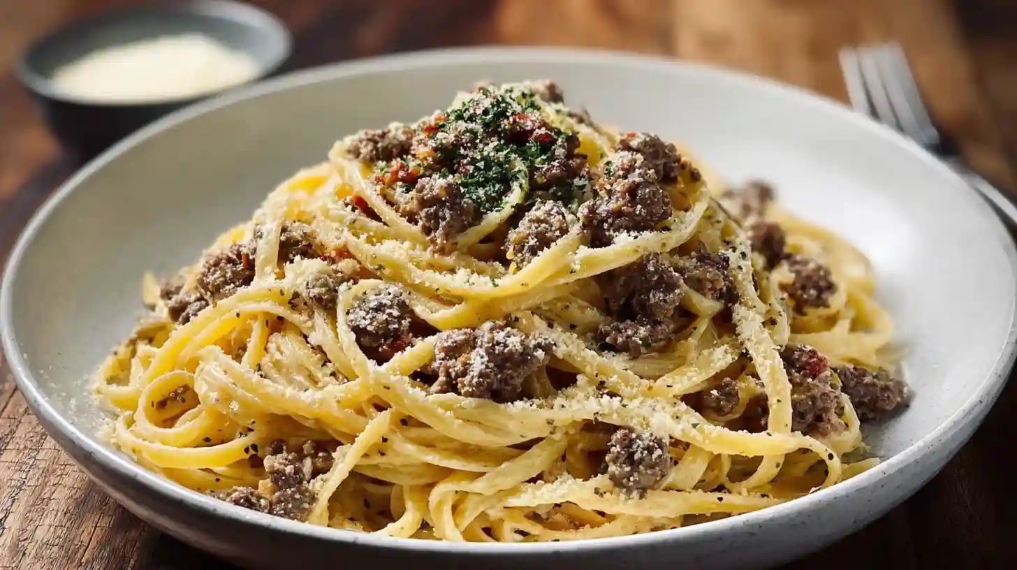 Creamy Parmesan Beef Linguine with Garlic Butter Sauce