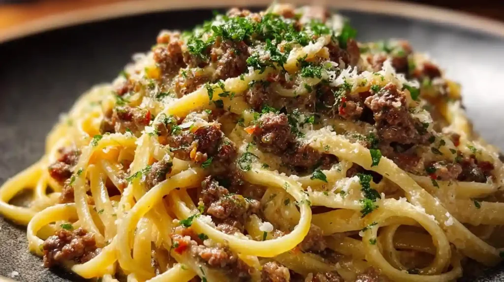 Creamy Parmesan Beef Linguine with Garlic Butter Sauce
