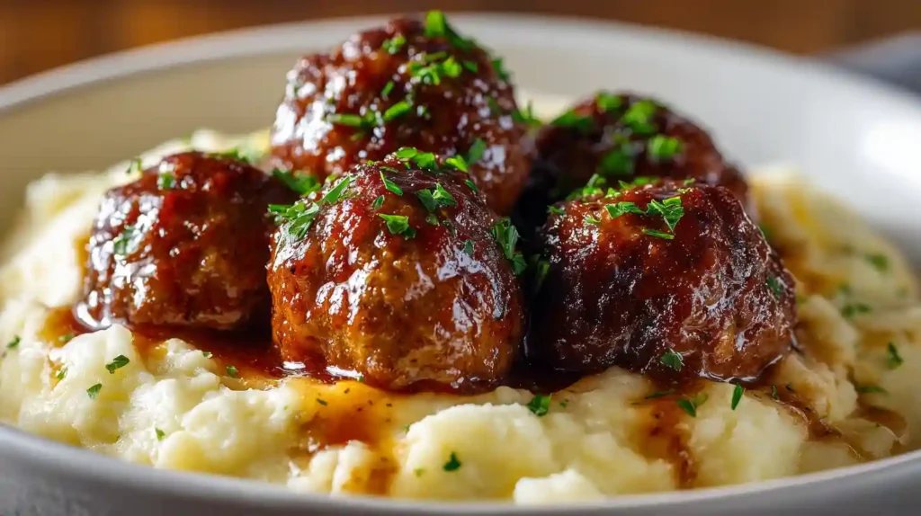 Salisbury Steak Meatballs with Garlic Herb Mashed Potatoes