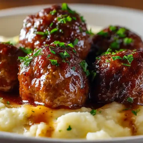 Salisbury Steak Meatballs with Garlic Herb Mashed Potatoes